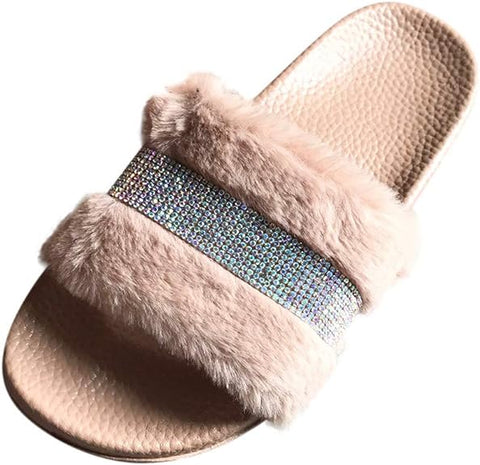 Kate Rhinestone Faux Fur Slides