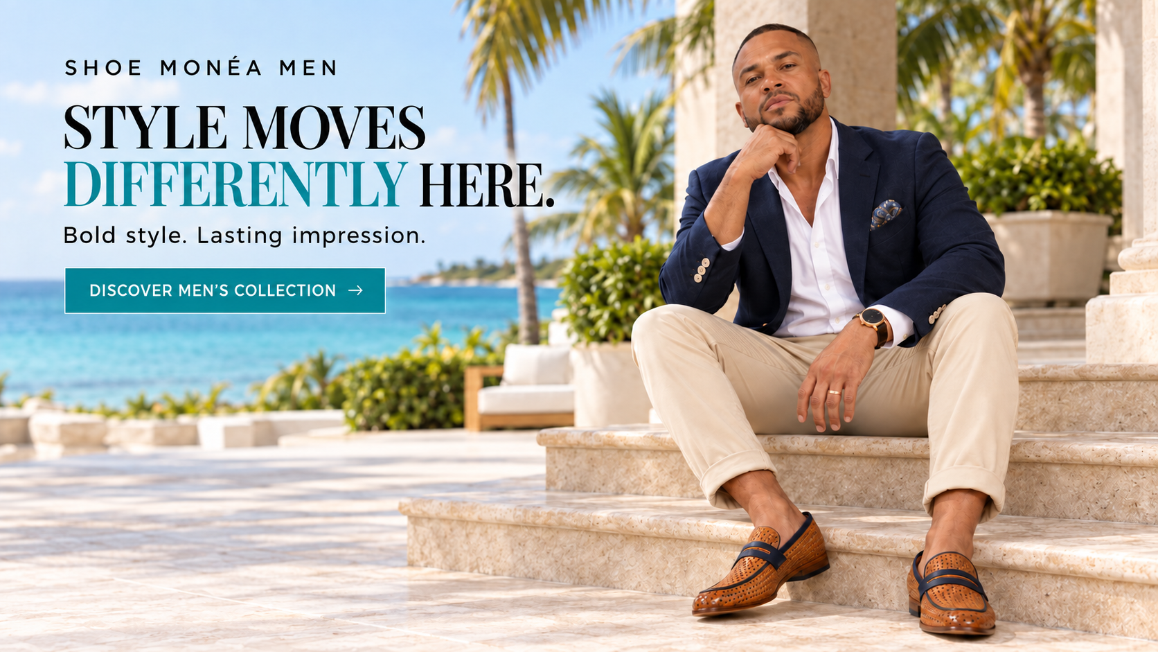 Dean Beresford in the Shoe Monéa Men resort campaign wearing artisan loafers
