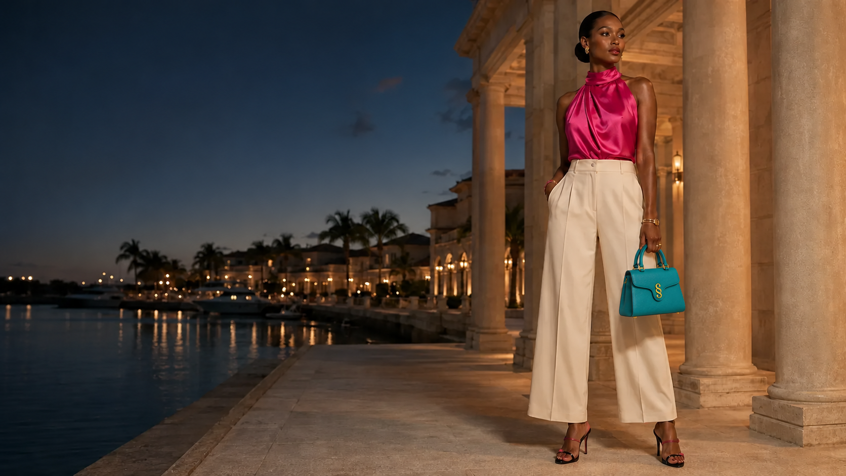Shoe Monéa model carrying the turquoise Johnell handbag with the signature gold trademark emblem