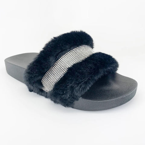 Kate Rhinestone Faux Fur Slides