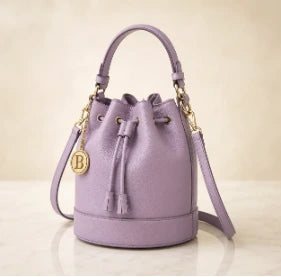 The Drawstring Bucket in Lavender with gold B charm